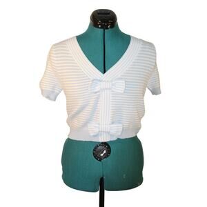 Threaded Leaf Striped Knit Bow Front Top White Blue Short Sleeve Women’s Small
